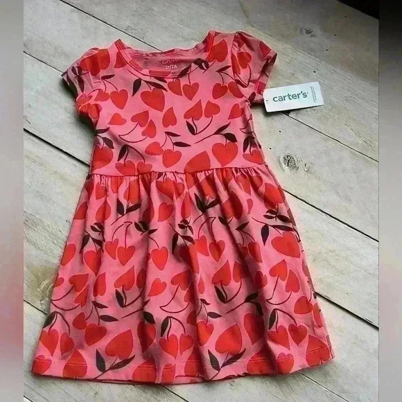 Carter's Girls Pink Red Heart Print Dress Short Sleeve Size 2T New - Picture 1 of 4